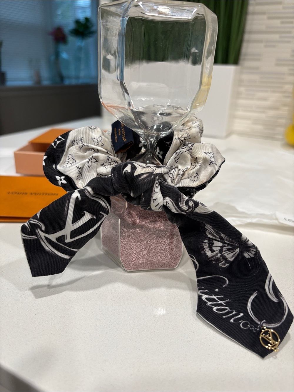 Louis Vuitton Black & White Monogram Silk Twilly Scrunchie with Floral Motif